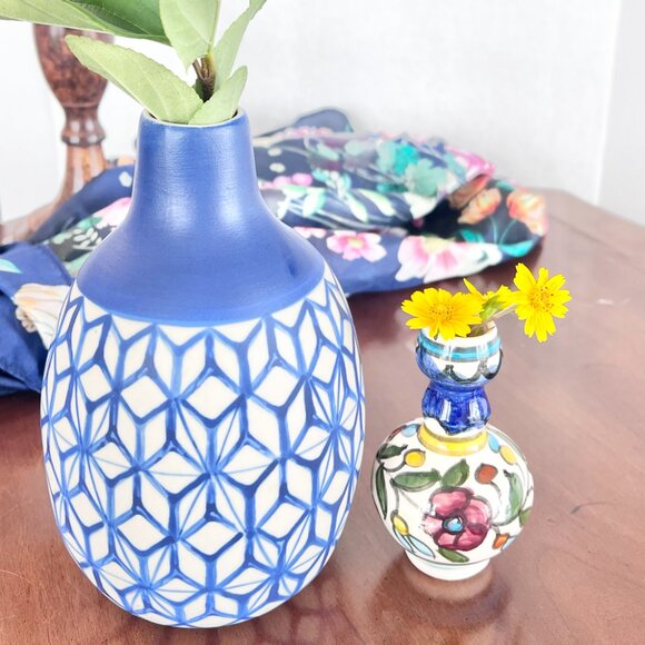 Vintage Artisan De Luxe Home Boho Thai Vase Royal Blue Geometric Print 7” - Picture 6 of 13